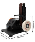 96 Watt 7 Speed Mini Belt Sander Bench Grinder And Polisher featuring dual wheels on a sturdy black base for woodworking tasks.