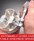 Tube Micrometer With One Piece Spindle For Fast Pro Grade Precision On 0 To 1 Inch Range Satin Chrome Finish And Quick Adjustment Sleeve Design Built To Last Heavy Duty Steel Frame Rust Resistant 569AXP being used on a metal part.