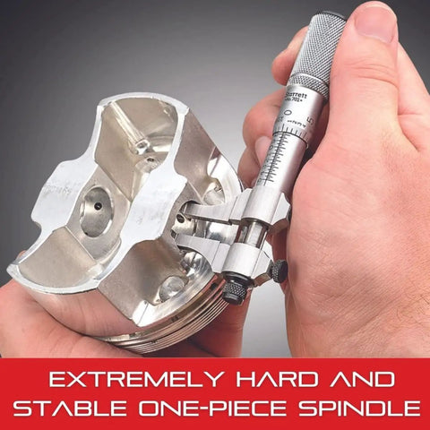 Tube Micrometer With One Piece Spindle For Fast Pro Grade Precision On 0 To 1 Inch Range Satin Chrome Finish And Quick Adjustment Sleeve Design Built To Last Heavy Duty Steel Frame Rust Resistant 569AXP being used on a metal part.