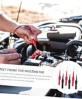 Person using Six Pack Wire Piercing Probes For Multimeters on car battery for electrical testing with inset showing probe set