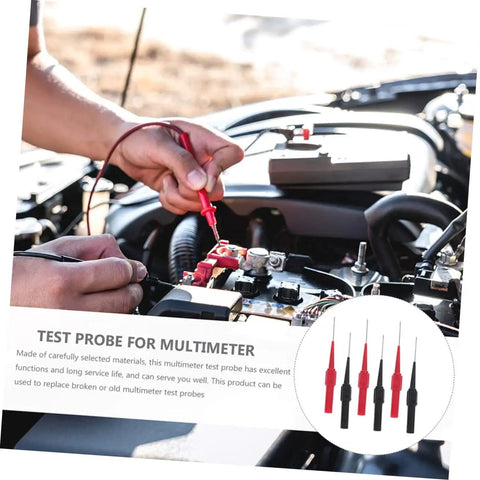Person using Six Pack Wire Piercing Probes For Multimeters on car battery for electrical testing with inset showing probe set