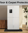 Heavy Duty Fridge Drip Pan And Leak Catcher Mat To Shield Floors From Watery Messes And Keep Your Place Bone Dry Non Slip Silicone Appliance Mat For Washer Or Freezer In Tough Black placed under a refrigerator in a modern kitchen.