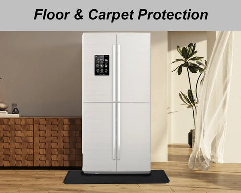 Heavy Duty Fridge Drip Pan And Leak Catcher Mat To Shield Floors From Watery Messes And Keep Your Place Bone Dry Non Slip Silicone Appliance Mat For Washer Or Freezer In Tough Black placed under a refrigerator in a modern kitchen.