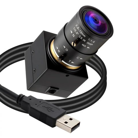 5MP USB Camera With 2.8 To 12mm Zoom Lens For Machine Monitoring And Close Up Work IMX335 Low Light Sensor, showing lens and USB cable