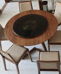 Top view of a dining table with Round 360 Degree Rotating Turntable Heavy Duty Tempered Glass Lazy Susan for Dining Table.