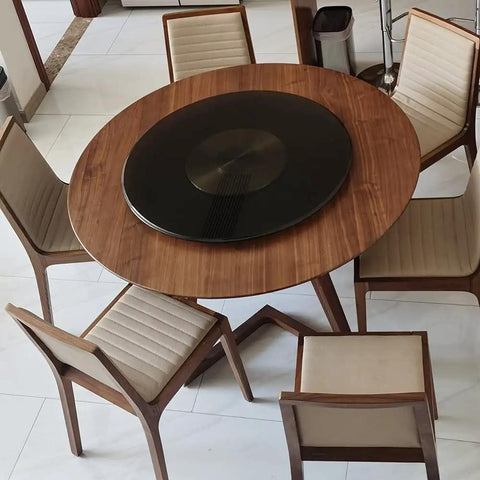 Top view of a dining table with Round 360 Degree Rotating Turntable Heavy Duty Tempered Glass Lazy Susan for Dining Table.