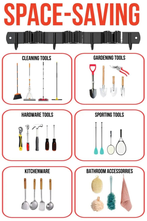 Mop And Broom Holder Wall Mount With Easy Install Upgraded Design Stainless Steel Broom Organizer for various tools.