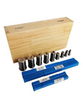 Pro Grade 18 Piece CNC Keyway Broach Set with broaches, bushings, shims, in varnished box, showing components and packaging.