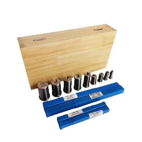 Pro Grade 18 Piece CNC Keyway Broach Set with broaches, bushings, shims, in varnished box, showing components and packaging.