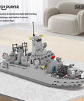 Destroyer Battleship Building Set With 528 Pieces For Kids And Adults Interactive Warship Model With Rotating Main Guns Realistic Deck Details Durable Build Great For STEM Play Imaginative Ocean Warfare Creations, gray 528-piece plastic ship model, front view