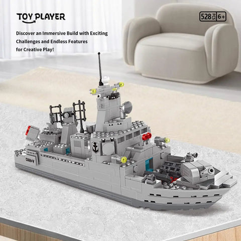 Destroyer Battleship Building Set With 528 Pieces For Kids And Adults Interactive Warship Model With Rotating Main Guns Realistic Deck Details Durable Build Great For STEM Play Imaginative Ocean Warfare Creations, gray 528-piece plastic ship model, front view