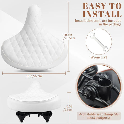 Wide Oversized Bike Seat For Men And Women With Plush Cushion And Shock Absorption Ideal Replacement Saddle For Cruiser Bikes MTB City Bikes E Bikes Tricycles And Exercise Cycles For Long Rides, 27x25.5cm, white