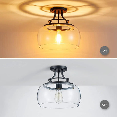 Rustic Farmhouse Industrial Round Ceiling Light Fixture With Clear Glass Shades LED Chandelier For Bathroom Kitchen Foyer And Entry Semi Flush Mount Black Finish E26 Base 11.8 Inches High By 13.4 Inches Wide Non Dimmable Edison Bulb
