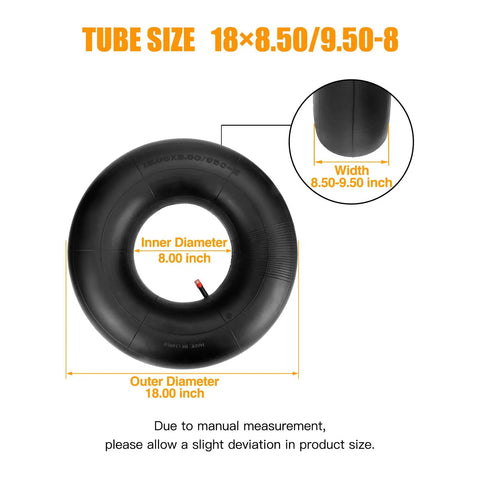 Heavy Duty ATV Inner Tube Set For 18x8.50 8 And 18x9.50 8 Tires showing size dimensions and straight valve stem