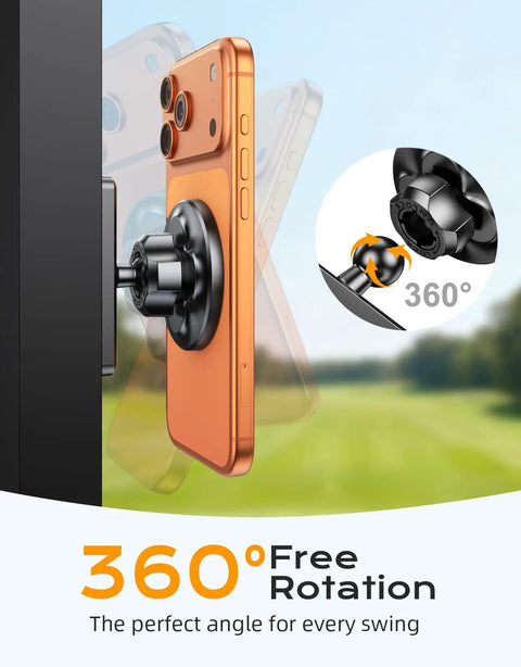 MagSafe Compatible Golf Cart Phone Holder Mount with ultra strong magnets showing 360-degree rotation on metal surface