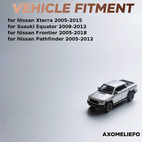 Miniature truck next to text listing vehicle fitment, including Nissan Xterra, Suzuki Equator, Nissan Frontier, and Pathfinder.