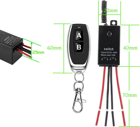 Beefy 12V Wireless Remote Control Relay Switch With 328 Foot Range, mini RF switch with remote, receiver, and wiring dimensions