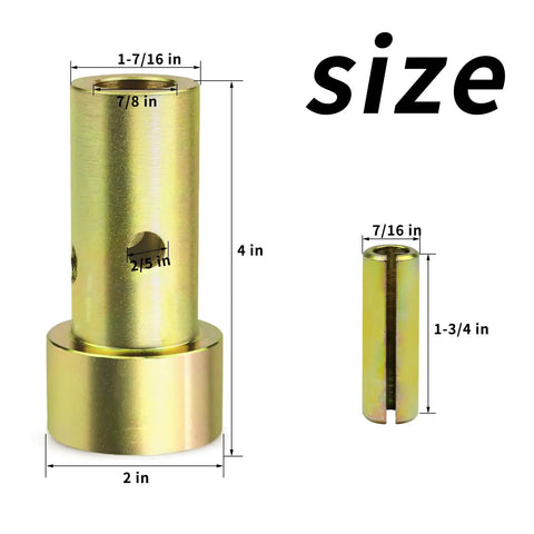 Quick Hitch Adapter Bushings Set for Cat 1 3 Point Tractor Implements Four Piece Bushing Kit with Roll Pins Gold Fits Farm Attachments and Category 1 Tractors for a Snug Secure Connection, 4 in x 2 in