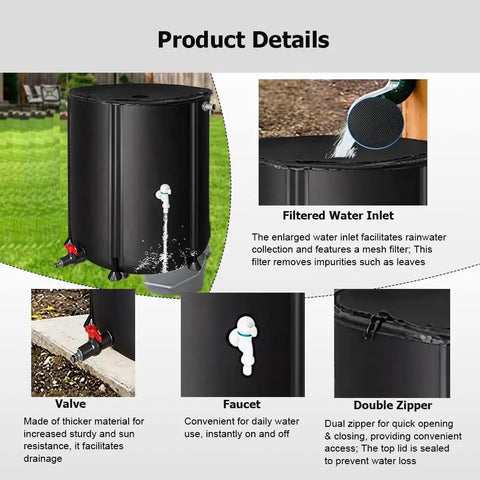 Super Portable Foldable Rain Barrel For Easy Rainwater Collection From Your Gutter Downspout, filtered water inlet, faucet, valve