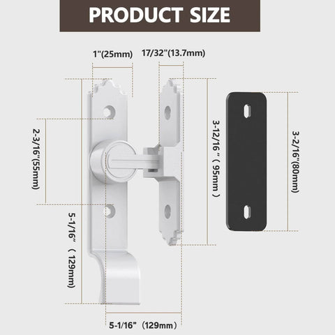 Product dimensions for 90 Degree Sliding Barn Door Lock With Zinc Alloy Security Flip Latch, Ergonomic Handle, White Finish.
