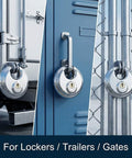 Beefy Heavy Duty Disc Lock With Three Eighths Inch Shackle on trailers, lockers, and gates, weatherproof steel construction.