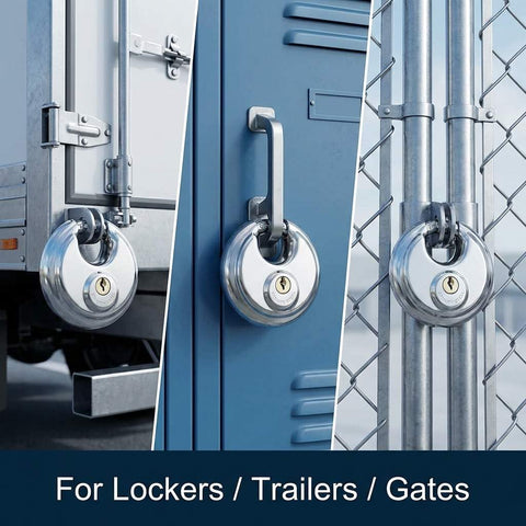 Beefy Heavy Duty Disc Lock With Three Eighths Inch Shackle on trailers, lockers, and gates, weatherproof steel construction.