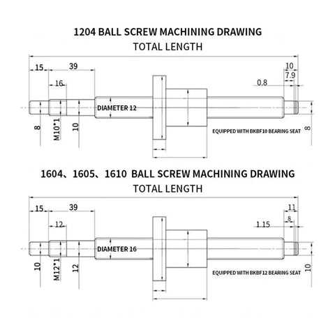 Premium SFU1610 Ball Screw Kit With Single Nut 53 Inches Long Super Smooth Rails High Load Efficiency For Serious DIY Makers And Pros. technical drawing with 12 and 16mm ball screw ends