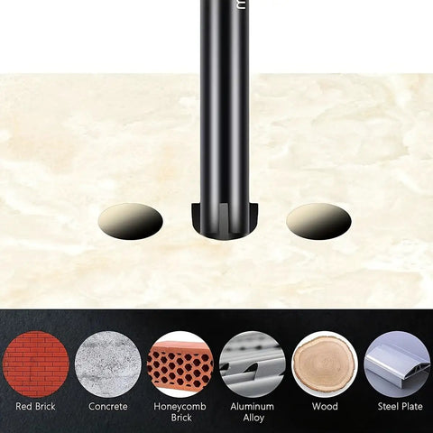 Top Shelf 10 Piece Drill Bit Set 6mm Heavy Duty Alloy Steel drilling into marble with holes for various materials like concrete and brick.