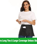 Person wearing black waitress apron with 3 pockets, showcasing commercial server half apron from 12 Pack Black Waitress Aprons With 3 Pockets.