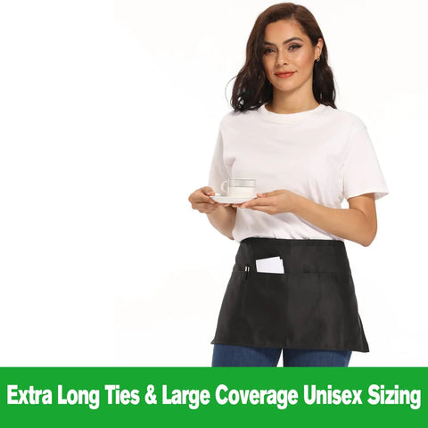 Person wearing black waitress apron with 3 pockets, showcasing commercial server half apron from 12 Pack Black Waitress Aprons With 3 Pockets.