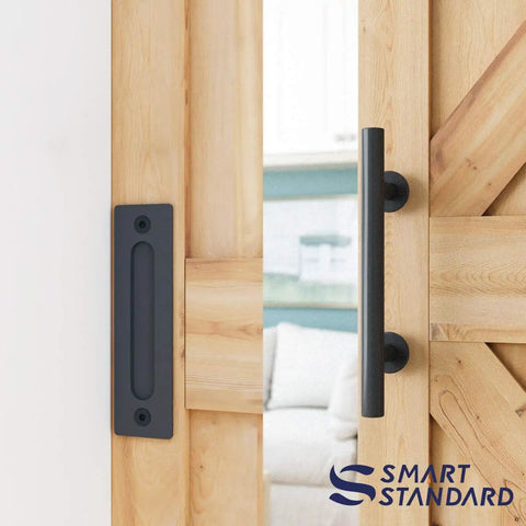 Heavy Duty Sliding Barn Door Hardware Kit In Black, Includes Pull Handle Set And Floor Guide, Fits 34 To 36 Inch Door Panels