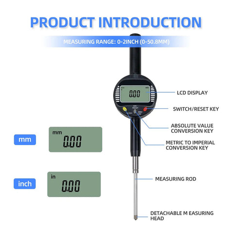Digital Dial Gauge With 0.01mm Graduation For CNC Milling And Woodworking 0 To 50.8mm 2 Inch Range Metric And Imperial Readouts