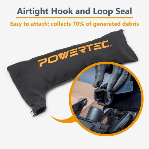 Table Saw Dust Bag Kit With 2.5 Inch Dust Port For 10 Inch Saws Includes Five Piece Push Block Set And Safety Sticks, Holds Down Push Blocks, Safe V Stick, And Straight Push Stick, Compatible With Bosch 4000 And Similar Saws with Powertec logo on black dust bag visible.