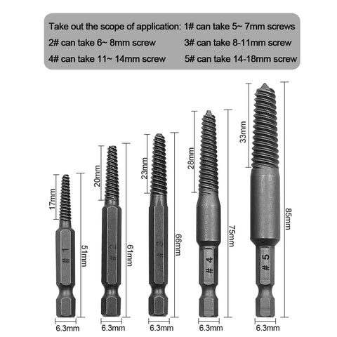 Five sizes of Ten Piece Damaged Screw Remover Kit With One Quarter Inch Hex Shank High Speed Steel for wood and metal screws