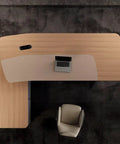 Slick L Shaped Computer Desk For Home Office Spacious Executive Workstation With Retro Modern Vibe Height Adjustable Standing Desk Setup Straight Up Favorite For Dual Monitors And Your Daily Hustle, overhead view with laptop.
