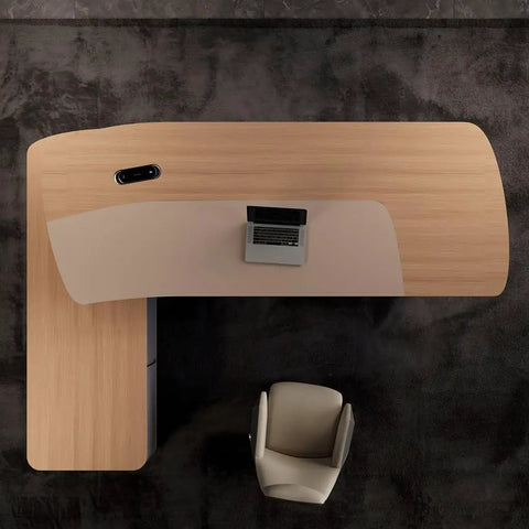 Slick L Shaped Computer Desk For Home Office Spacious Executive Workstation With Retro Modern Vibe Height Adjustable Standing Desk Setup Straight Up Favorite For Dual Monitors And Your Daily Hustle, overhead view with laptop.