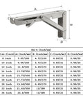 Dimensions and specifications chart for No Sweat Install Bulletproof 22 Inch Folding Shelf Brackets 2 Pack Stainless Steel Heavy Duty L Bracket.