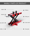 Motorcycle Lift 1100 Lbs Center Scissor Lift Jack With Saddle And Safety Pins For Dirt Bikes Cruisers Touring Motorcycles And ATVs Built Tough With Beefy Heavy Duty Steel Construction And Rust Resistant Powder Coat Easy Clean Red And Black Finish labeled parts diagram