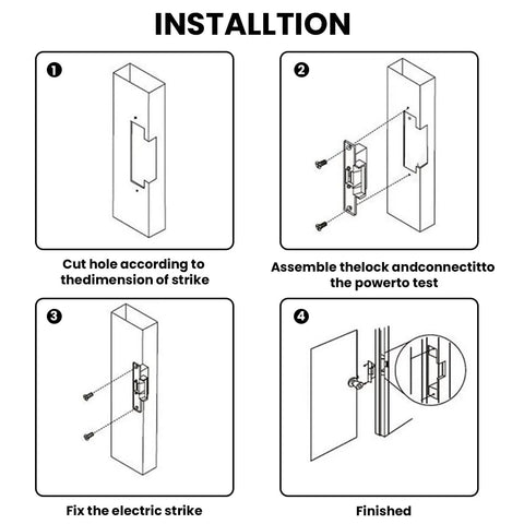 Installation guide for Real Deal Heavy Duty Electric Door Strike Lock With Reinforced Lock Body And Thick Stainless Base in 4 steps.