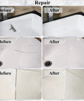 Before and after images showing results of using Color Match Porcelain Repair Kit For Tub And Tile, DIY Friendly Fiberglass Shower Repair Set For Chips Cracks Holes Dents, Bathtub Repair Kit With Easy Color Options For Home Restoration on bathtub and tile cracks