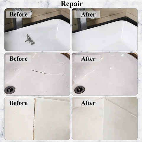 Before and after images showing results of using Color Match Porcelain Repair Kit For Tub And Tile, DIY Friendly Fiberglass Shower Repair Set For Chips Cracks Holes Dents, Bathtub Repair Kit With Easy Color Options For Home Restoration on bathtub and tile cracks