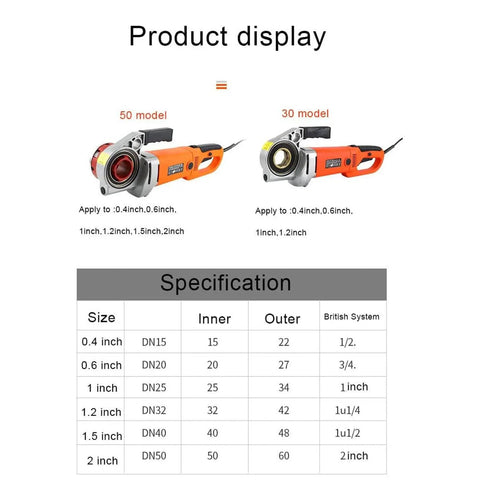 Heavy Duty Electric Pipe Threader 2300W Portable Threading Machine With Six Precision Dies For 1/2 To 2 Inch Pipes displayed alongside specifications.