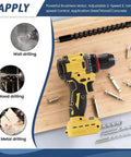Badass Brushless Drill Driver Compatible With DeWalt 20V Batteries showing wall, wood, and metal drilling applications with accessories.
