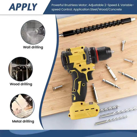 Badass Brushless Drill Driver Compatible With DeWalt 20V Batteries showing wall, wood, and metal drilling applications with accessories.