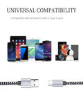 Five-pack USB Type-C braided charging cables, 6 ft, 3A, front view showing braided jacket and USB-C connectors.