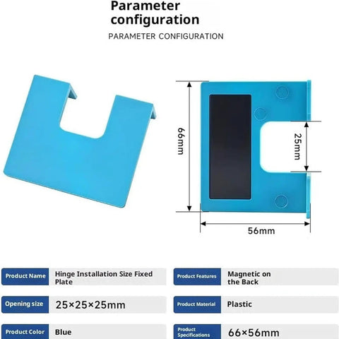 Blue Hinge Jig For Quick Door Installation, Magnetic Alignment Guide, 66x56mm plastic, 4 Pack specifications chart