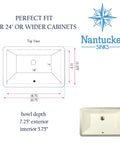 Technical drawing and front view of Undermount Bathroom Sink 19 By 11 Inch Interior Rectangular Bowl For Vanity With Overflow.