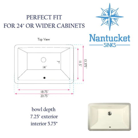 Technical drawing and front view of Undermount Bathroom Sink 19 By 11 Inch Interior Rectangular Bowl For Vanity With Overflow.
