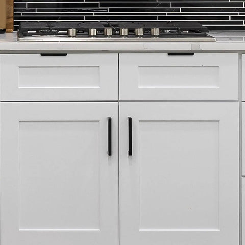 80mm Matte Black Aluminum Finger Pull Drawer Handle No Drill Hidden Cabinet Pull installed on white kitchen cabinets