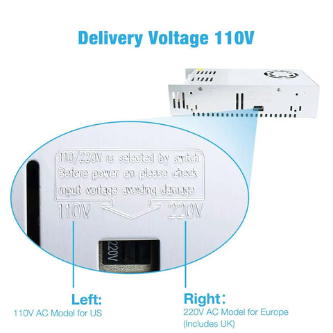 Close-up of switch on Heavy Duty 110V/220V To DC 12V 30A 360W Regulated Switching Power Supply for LED strips and CCTV cams.